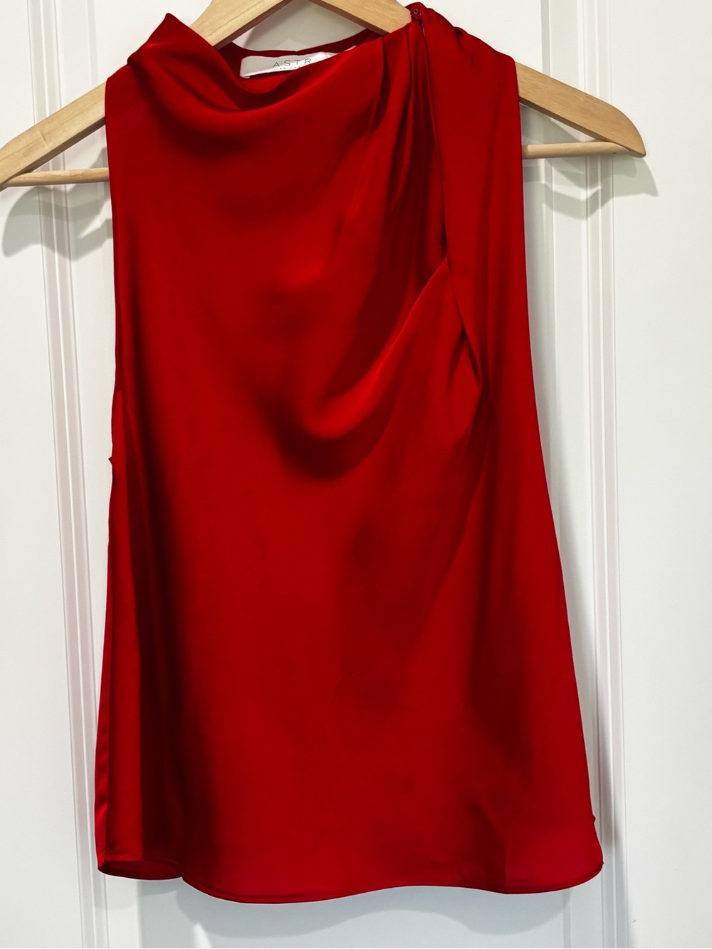 Astr Red Satin Draped Sleeveless Blouse